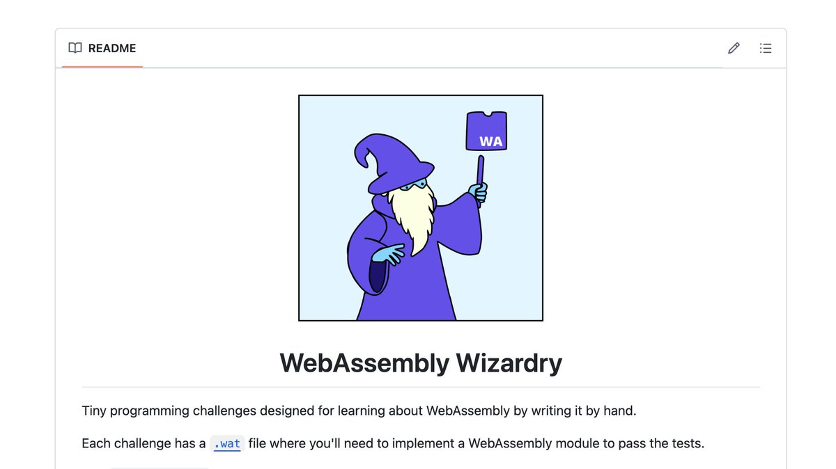 Love this idea!

WebAssembly Wizardry: "Tiny programming challenges designed for learning about WebAssembly by writing it by hand."
→ github.com/danprince/weba…