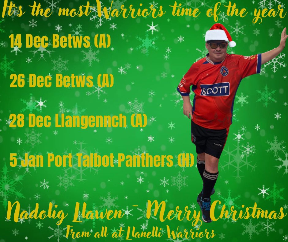 2 games in 3 days? It must be Christmas!🎅🏼
⚔️ <a href="/RFCLlangennech/">Llangennech RFC</a> 
🏆 Lewi Cup
🏉 1pm 🕐 
🗺️ Llangennech Park (cricket field)
📍 SA14 8UY
Kearney JW 💯 cap
All welcome Croeso i pawb
<a href="/AllWalesSport/">All Wales Sport</a> <a href="/rlloydpr/">Robert Lloyd</a> <a href="/LdWales/">Learning Disability Wales</a> <a href="/Sheggs123/">Sherwyn smith</a> <a href="/kieran572/">kieranmorgan</a> @IncRugbyDC <a href="/welshclubrugby/">Welsh Club Rugby 🏉</a> <a href="/LlanelliStar/">Llanelli Star</a>
