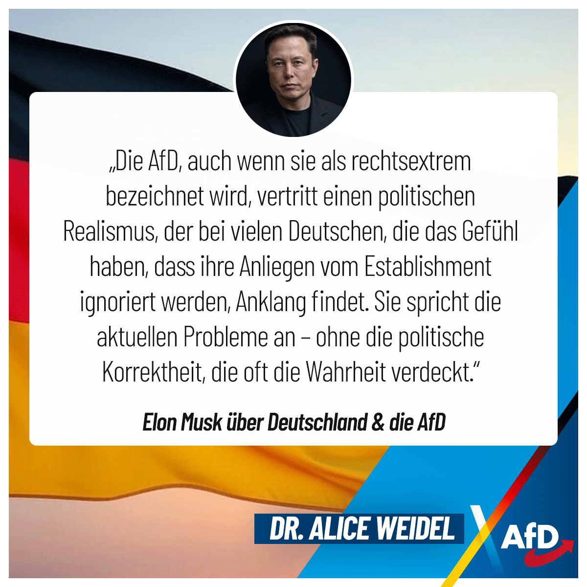 .<a href="/elonmusk/">Elon Musk</a>: „Die AfD, auch wenn sie als rechtsextrem bezeichnet wird, vertritt einen politischen Realismus, der bei vielen Deutschen, die das Gefühl haben, dass ihre Anliegen vom Establishment ignoriert werden, Anklang findet. Sie spricht die aktuellen Probleme an – ohne die