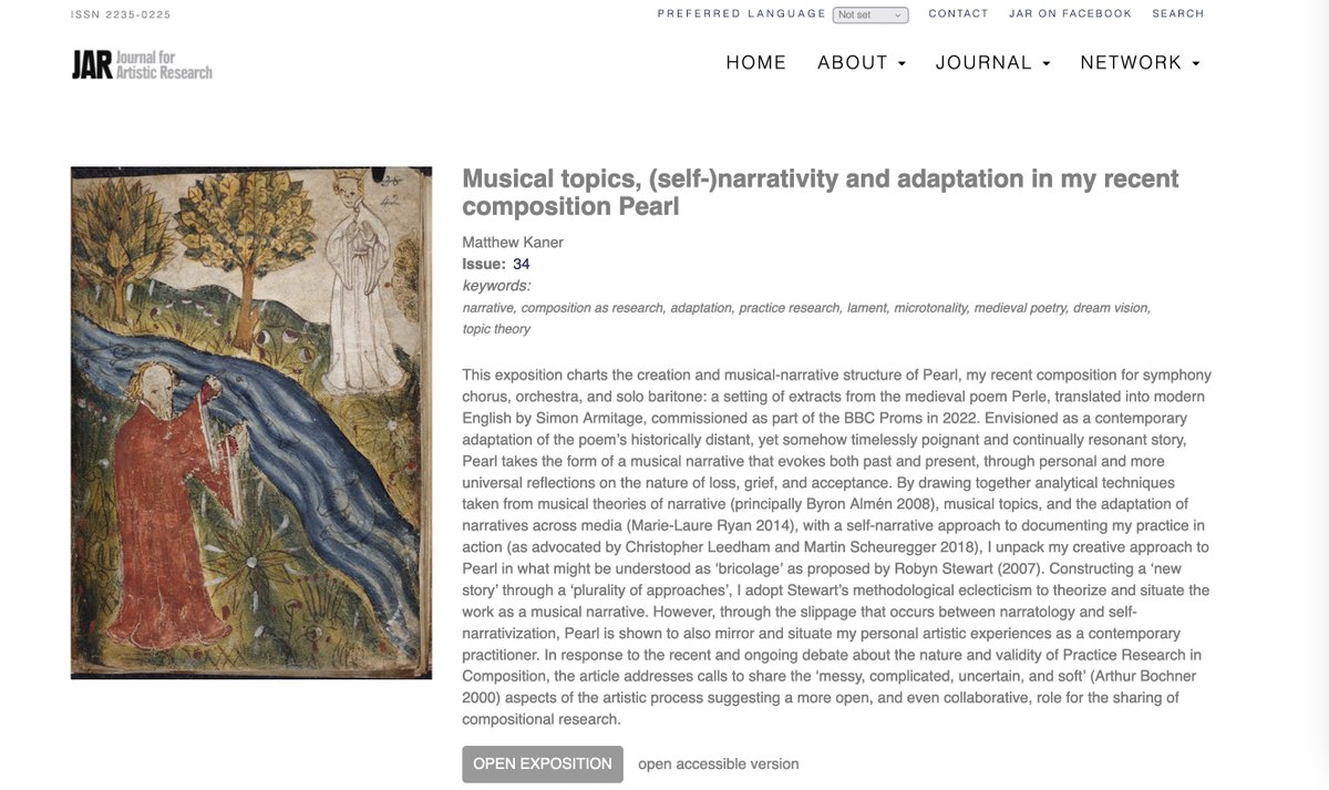 Matthew Kaner (@mattkaner) on Twitter photo Very pleased to share this new article exploring my creative journey with my piece Pearl, out  today in the Journal for Artistic Research. Contains lots of audio clips  and the scores for reference. Free to view here: jar-online.net/en/exposition/… Very pleased to share this new article exploring my creative journey with my piece Pearl, out  today in the Journal for Artistic Research. Contains lots of audio clips  and the scores for reference. Free to view here: jar-online.net/en/exposition/…