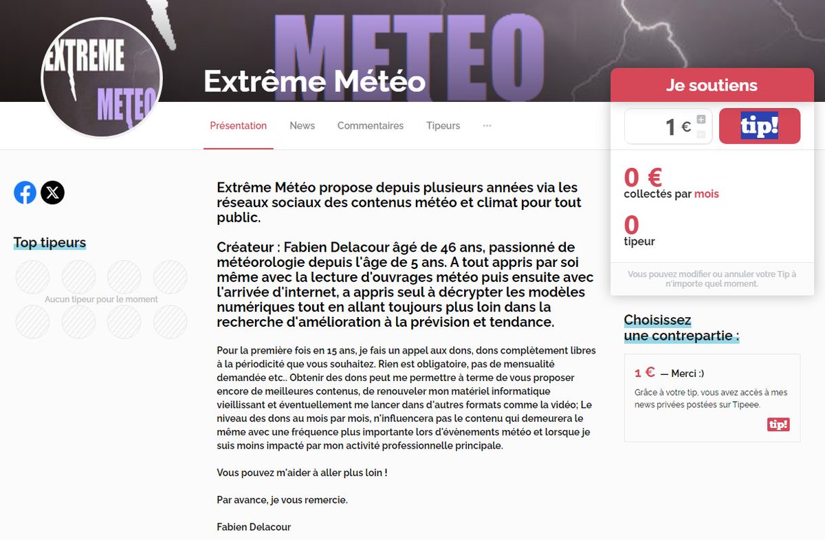 ExtremeMeteo's tweet photo. VOTRE AIDE PEUT M'ETRE PRECIEUSE :

Depuis quelques temps, j'appelle à l'aide pour pouvoir continuer cette activité météo sur les réseaux sociaux. Mon matériel informatique est vieillissant et le contexte est difficile. Pour la 1ère fois en 15 ans d'activité météo sur les RS, je demande de l'aide.

Vous pouvez soutenir Extrême Météo par des dons ponctuels ou mensuels.

Pour la première fois en 15 ans, je fais donc un appel aux dons, dons complètement libres à la périodicité que vous souhaitez. Rien est obligatoire, pas de mensualité demandée etc.. Obtenir des dons peut me permettre à terme de vous proposer encore de meilleurs contenus, de renouveler mon matériel informatique vieillissant et éventuellement me lancer dans d'autres formats comme la vidéo. 
Rendez vous sur TIPEEE pour d'éventuels dons donc. Je ne peux plus me permettre de ne faire que du bénévolat, si l'audience venait à baisser, les interactions également, je serai obligé de revoir à la baisse mon activité météo.
https://t.co/uHt0PRHFfF

Si vous ne souhaitez pas donner de dons, il n'y a pas de problèmes.

Sur X , vous pouvez beaucoup m'aider aussi en :
- Likant les publications 
- Partageant les publications
- Commentant les publications

Merci d'avance à vous pour votre aide.
