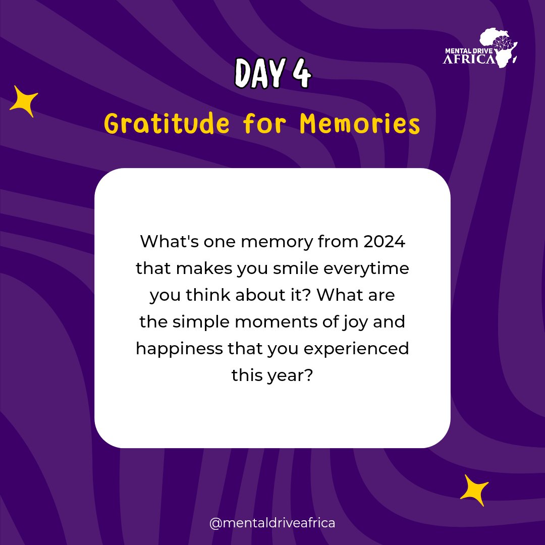 md_africa_'s tweet photo. 🌟 7-Day Gratitude Challenge: Day 4 🌟 

Today, it’s all about Gratitude for Memories! 💭✨ What’s one moment from 2024 that brings a smile to your face? 😊💜 

#GoodMemories #Memoriesof2024 #Gratitude #GratitudeChallenge #7DaysofGratitude #MentalDriveAfrica https://t.co/lp5hkO2xdZ