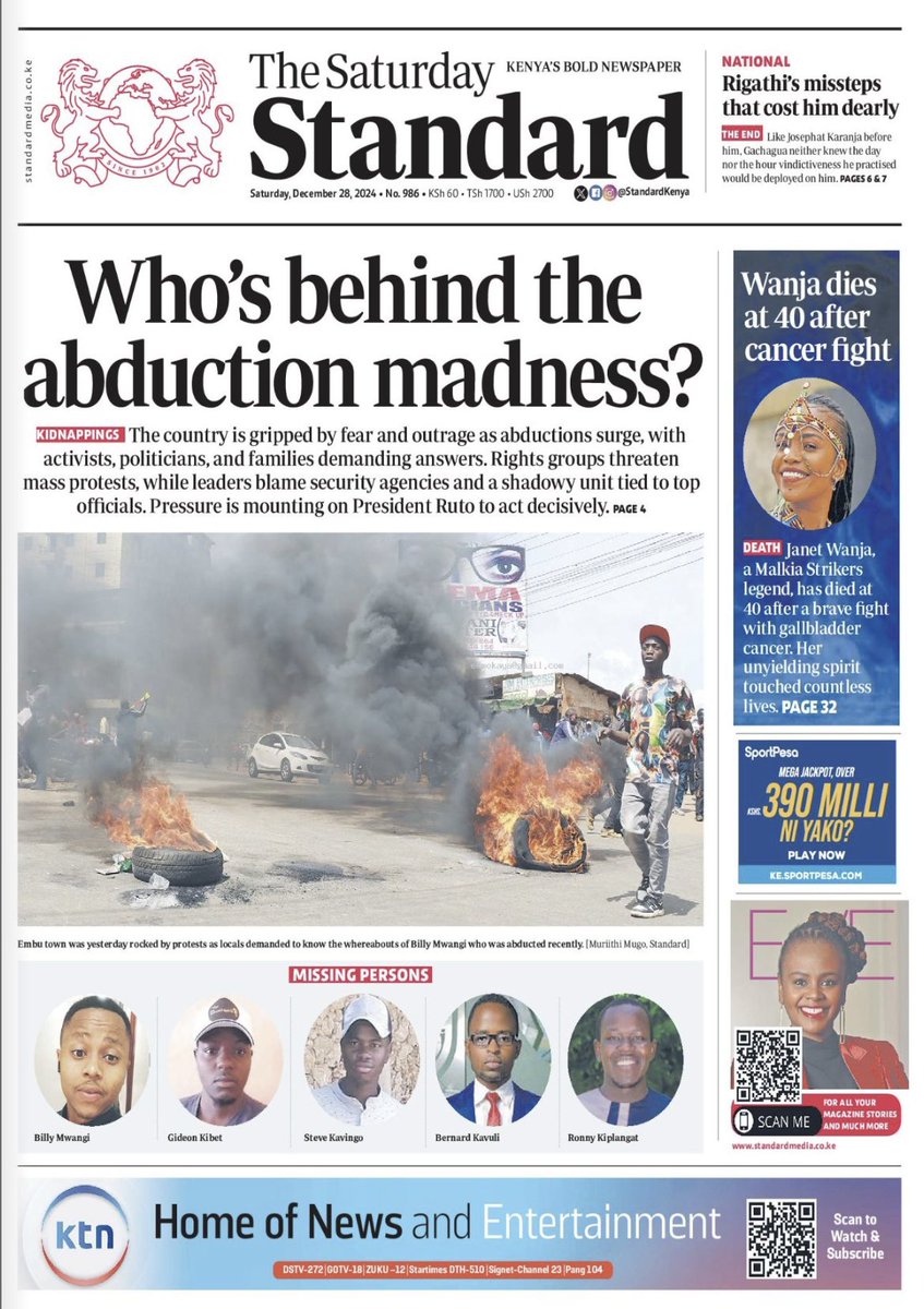 WaihigaMwaura's tweet image. In the papers in Kenya. 
#StateOfTheNation
#EndAbductionsKE
