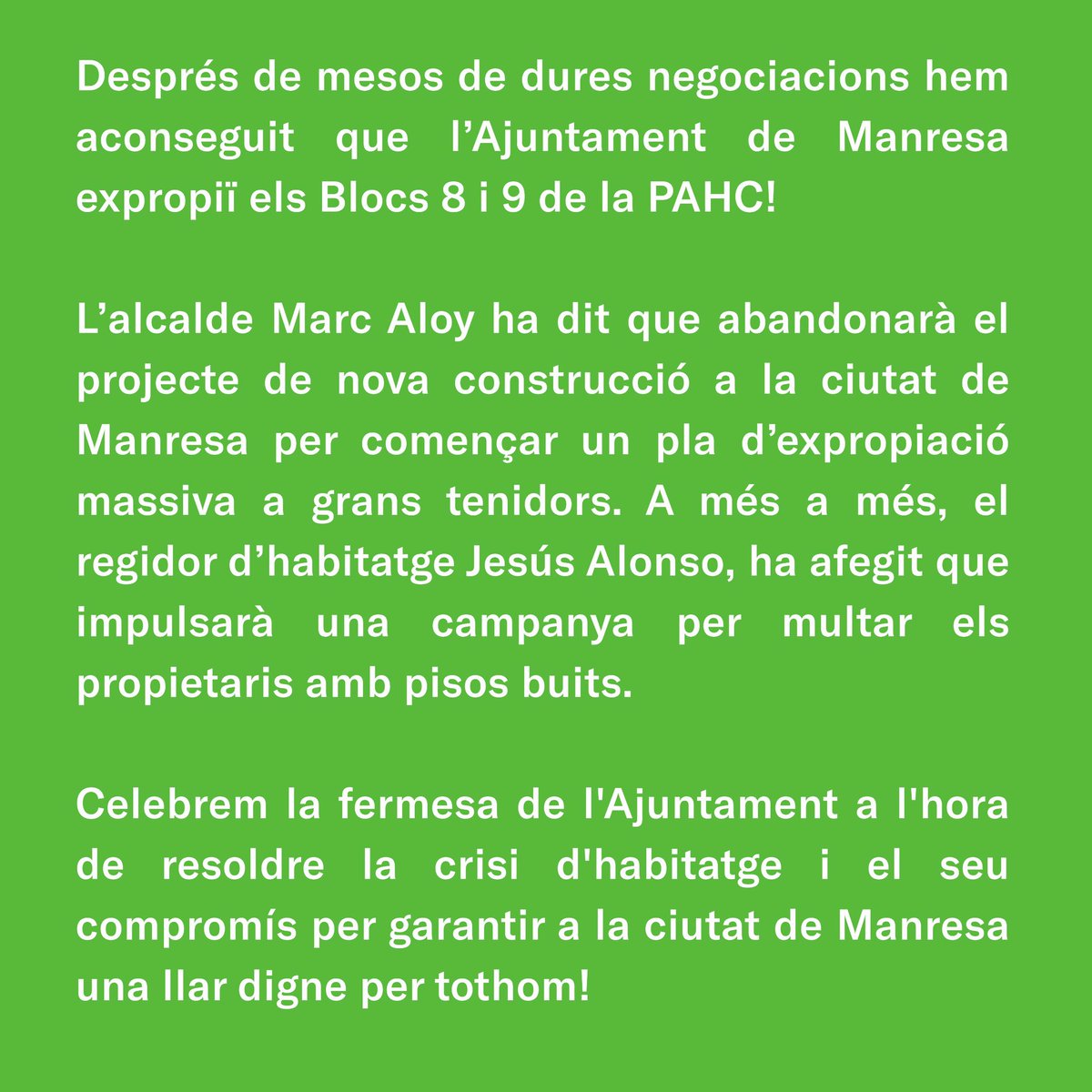 🎊💥 Avui, 28 de desembre, celebrem la decisió de <a href="/ajmanresa/">Ajuntament de Manresa</a> d’expropiar els Blocs 8 i 9! 

👏✨ És una sort comptar amb un Ajuntament que no dubte a l’hora de garantir un sostre digne i combatre l’especulació amb l’habitatge
