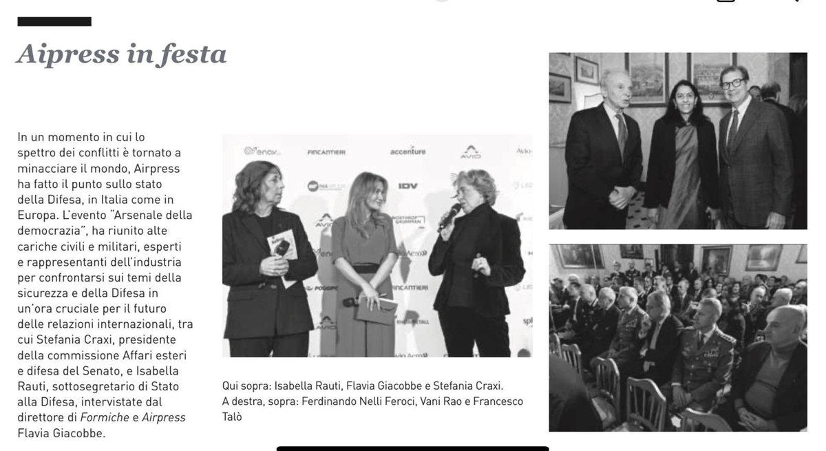 isabellarauti's tweet photo. “In un momento in cui lo spettro dei conflitti è tornato a minacciare il mondo, Airpress ha fatto il punto sullo stato della Difesa, in Italia come in
Europa. 
L’evento “Arsenale della democrazia””.

#airpress #formiche #giornalismo #UnaForzaperilPaese #forzearmate 

@formichenews @GuidoCrosetto @MinisteroDifesa @SM_Difesa @Esercito @ItalianAirForce @ItalianNavy @_Carabinieri_