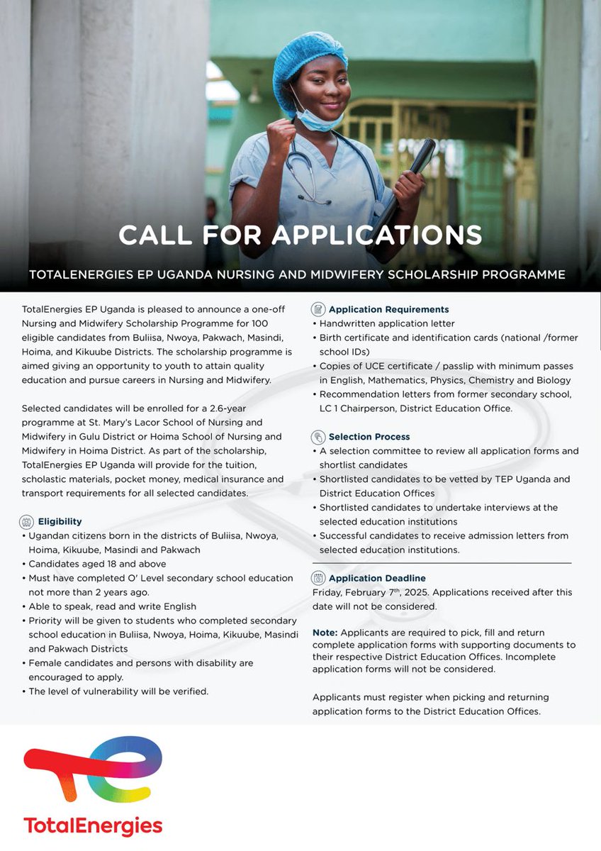 🔥 Scholarships for Nurses.
✨ Share with those who are eligible!
<a href="/ACCESS_UG/">African Community Center for Social Sustainability</a> 
<a href="/ASNM39971/">ACCESS SCHOOL OF NURSING AND MIDWIFERY</a> 
<a href="/TotalEnergies/">TotalEnergies</a>