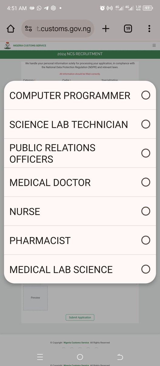 KazeemEFFICACY's tweet photo. @Usman_AdekunleJ @CustomsNG You know it depends on the courses/qualifications. As a Business Admin. graduate, I am not supposed to pick 4rm d specialization in the Support Staff category as mostly are for Health line applicants. Had it been the General Duty specialization select, we should av beta options https://t.co/lFVR4pkyVG