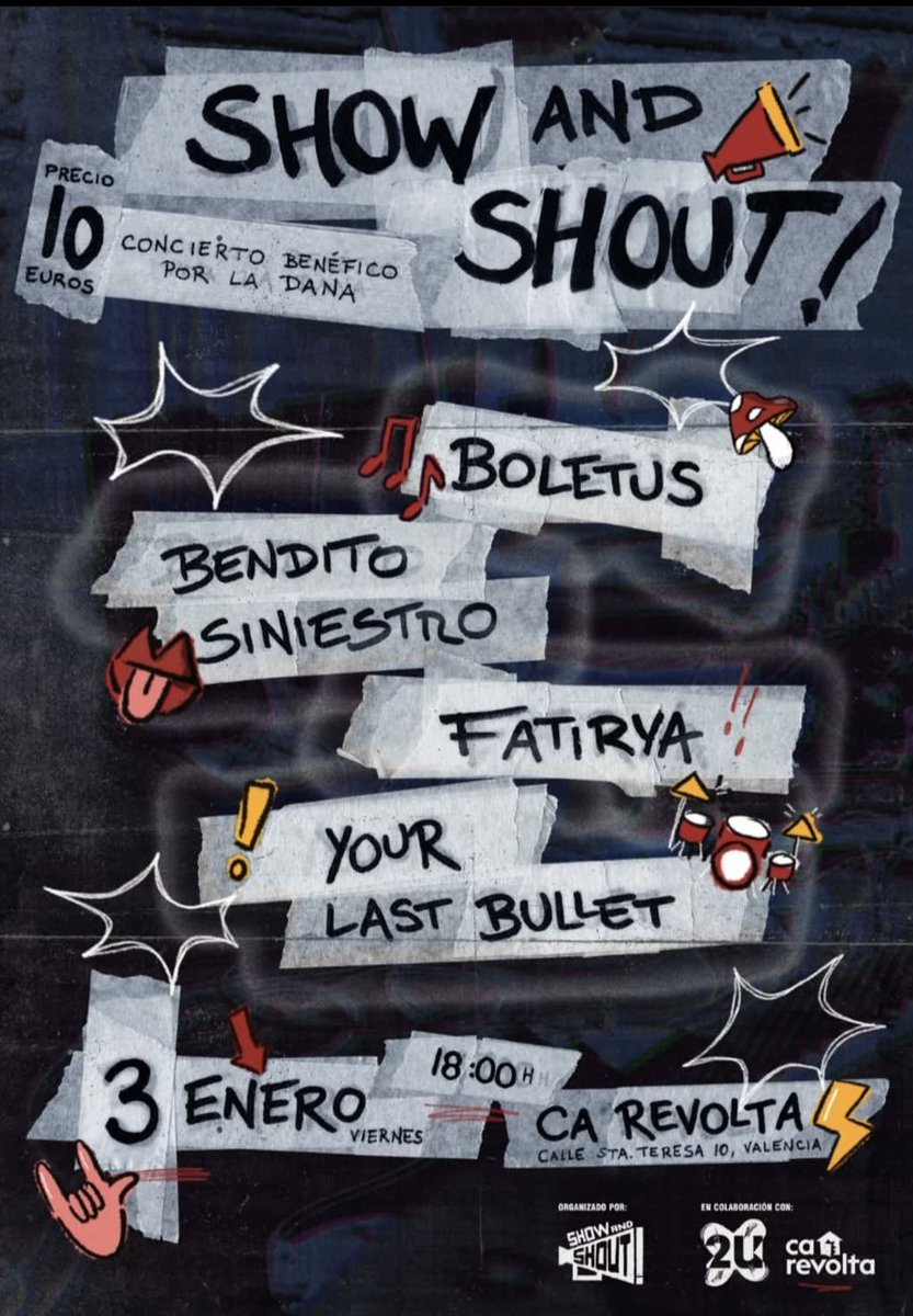 holaaa ! 🗣️🗣️

el VIERNES 3 de ENERO tocamos un concierto benéfico junto con más bandas chulísimas en Ca Revolta (València)

todo el dinero irá destinado a ayudas por los afectados de la DANA. nos vemos ahí !! 📢⭐️ 

🎫 entradas 10€ ((en efectivo)) a la venta en TAQUILLA