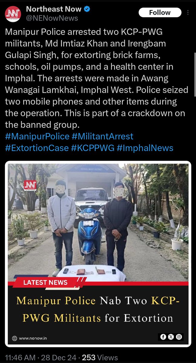 haokip_alice's tweet photo. Two Meitei Militants who belong to Kangleipak Communist Party (KCP) were nabbed for extortion cases at Imphal. 
The Enforcement Directorate (ED) in its investigation has also put on a record that the UNLF cadres involved in extortion activities are exacerbating  violence in Manipur. 

Sources: 
1. https://t.co/iuggYcjIC4 
2. https://t.co/vzg4Z781OY 

#MeiteiTerrorist
#MeiteiMilitants
