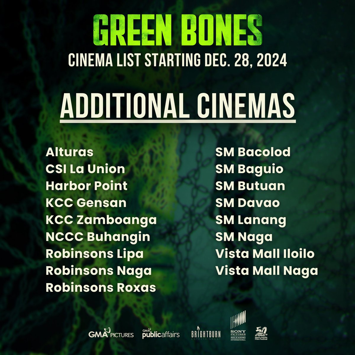 ‘GREEN BONES,’ NOW SHOWING IN OVER 100 CINEMAS NATIONWIDE!

Dalhin ang buong barkada at pamilya dahil kami ay Rated PG. Huwag palagpasin ang 2024 MMFF Best Picture at Best Screenplay winner, #GreenBonesMovie ⭐️

Buy your tickets now!