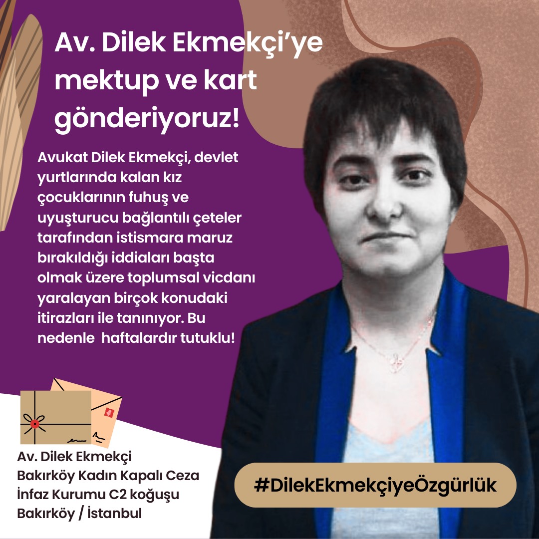 PSanri's tweet photo. 🟣 Avukat Dilek Ekmekçi'ye mektup ve kart gönderiyoruz. @esik_platform #DilekEkmekçiyeÖzgürlük https://t.co/63txLotTBu