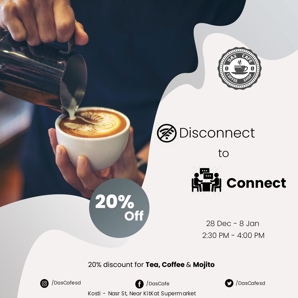 DasCafeSD's tweet photo. Disconnect to CONNECT!
استمتعوا بتخفيض 20% على الشاي والقهوة والموهيتو في الفترة المسائية خلال فترة انقطاع الانترنت أثناء امتحانات الشهادة السودانية.
وكل أمانينا للممتحنين بالتوفيق والنجاح! 
📍 المكان: داس كافيه، شارع النصر - جنب سوبرماركت كيت كات، كوستي
#DasCafe https://t.co/JcL3ANYxSQ