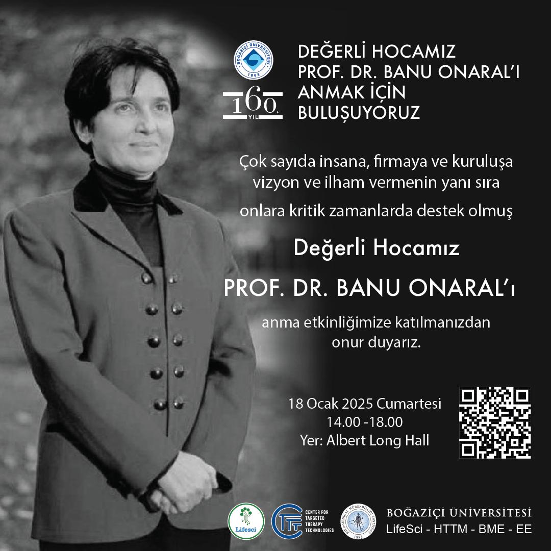 Prof. Dr. Banu Onaral; hayatı boyunca çok sayıda insana, firmaya ve kuruluşa ilham vermenin yanı sıra, onları kritik zamanlarda karşılıksız ve koşulsuz desteklemiş bir akademisyendi. 

Kendisi için planladığımız bu özel anma etkinliğine (18 Ocak, Cumartesi, 14.00) tüm sevenlerini