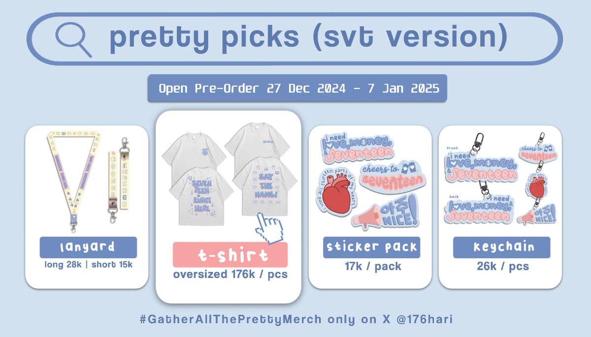 176hari's tweet photo. Open Pre-Order Pretty Picks (svt ver.)
RTs are appreciated โค๏ธ
welcoming SEVENTEEN Right Here in JKT kita open PO unofficial merch, inc oversized t-shirt yang bisa kamu gunain sbg concert outfit ๐
๐Bekasi
Est produksi: 2 minggu
Order via DM
Bisa ๐ (DP/fullpay)
#PrettyPicks https://t.co/RZG6aCtqmn