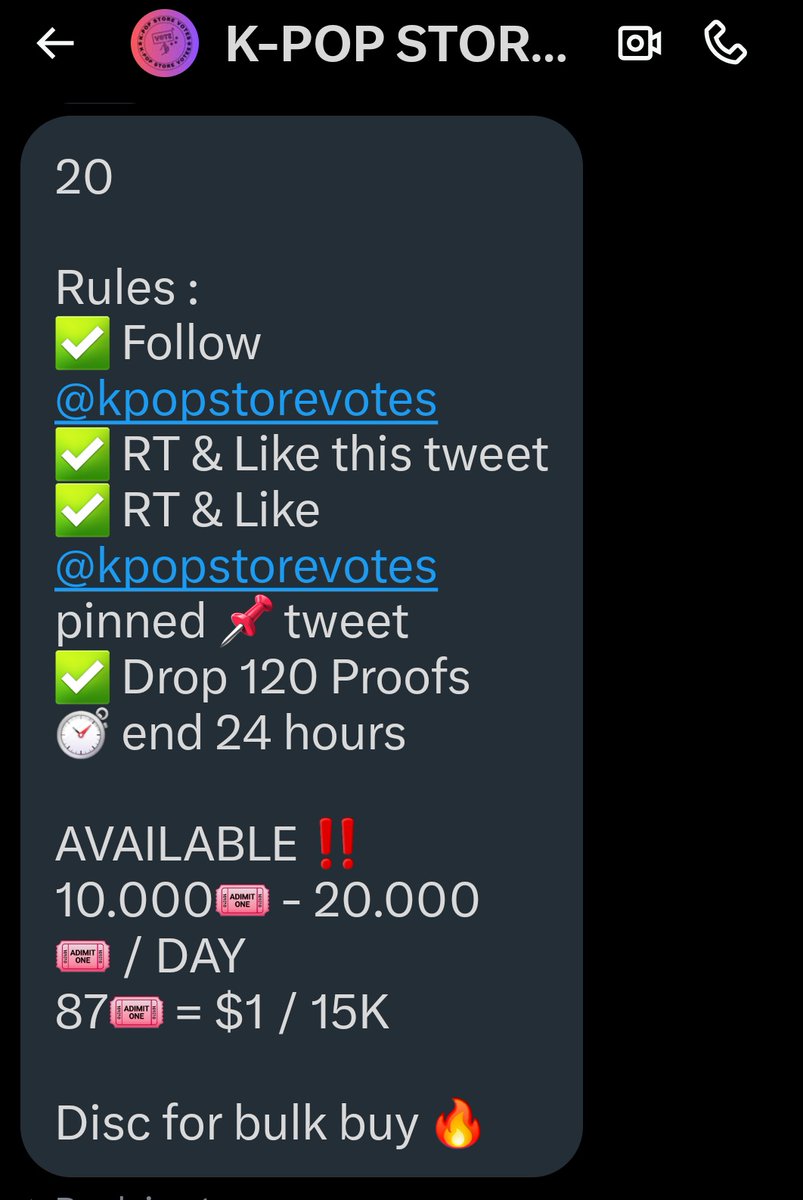 RT DEAL for #StrayKids 
HMA - ARTIST OF THE YEAR 
20🎟️

Rules : 
✅ Follow <a href="/kpopstorevotes/">K-POP STORE VOTES</a> 
✅ RT &amp; Like this tweet
✅ RT &amp; Like <a href="/kpopstorevotes/">K-POP STORE VOTES</a>  pinned 📌 tweet
✅ Drop 120 Proofs
⏱️ end 24 hours

AVAILABLE ‼️
10.000🎟️ - 20.000🎟️ / DAY
87🎟️ = $1 / 15K

Disc for bulk buy 🔥