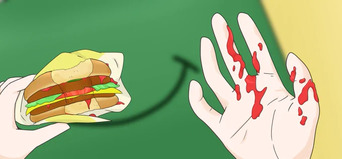 マック食べて手にケチャップがついた碇シンジ 