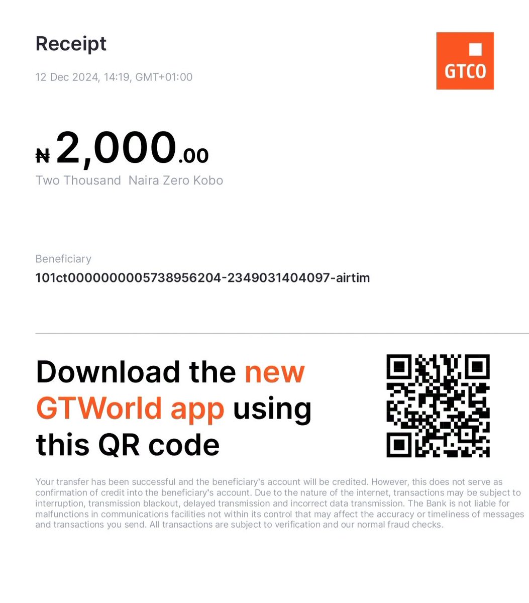 GunuMichael's tweet photo. Airtime and Data Purchase on @gtbank
Is a 50-50 chance. Banking services has gotten worse over the years.
I purchased airtime for a friend on the 12th of Dec, 2024 and we've been waiting ever since for the airtime. I was debited but the recipient wasn't credited with the airtime. https://t.co/R4YXUvbpSV