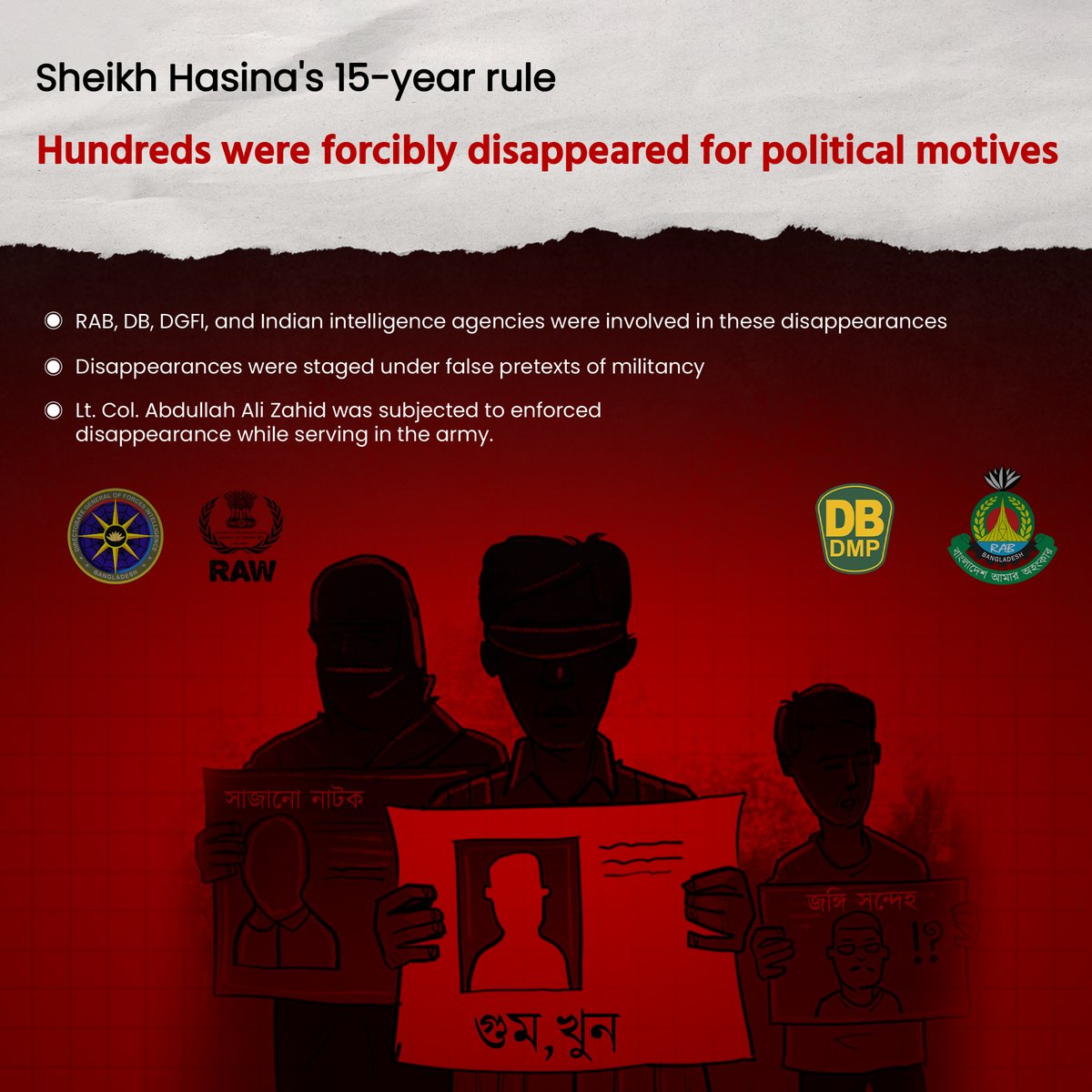 Students Against Discrimination (@sad___24) on Twitter photo Revealing the reality of enforced disappearances under Sheikh Hasina's 15-year rule. Political repression masked as militancy, with the involvement of RAB, DB, DGFI, and foreign intelligence agencies
<a href="/amnesty/">Amnesty International</a>
<a href="/hrw/">Human Rights Watch</a>
<a href="/humanrightsasia/">AHRC</a> Revealing the reality of enforced disappearances under Sheikh Hasina's 15-year rule. Political repression masked as militancy, with the involvement of RAB, DB, DGFI, and foreign intelligence agencies
<a href="/amnesty/">Amnesty International</a>
<a href="/hrw/">Human Rights Watch</a>
<a href="/humanrightsasia/">AHRC</a>