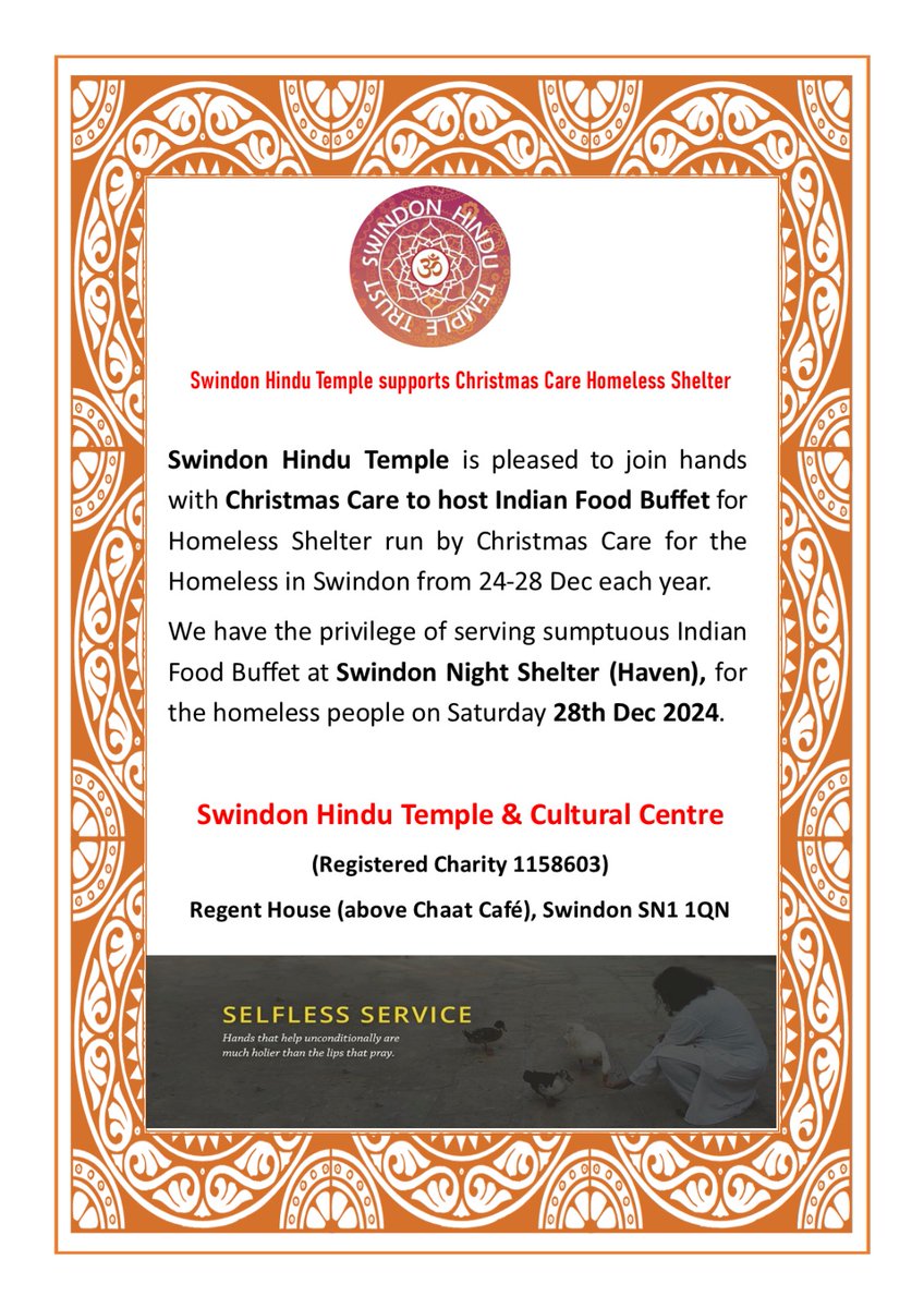 SwindonTemple's tweet photo. Swindon Hindu Temple supports Christmas Care Homeless Shelter:

@SwindonTemple is pleased to join hands with Christmas Care to host Indian Food Buffet for Homeless Shelter run by Christmas Care for the Homeless in Swindon from 28 Dec 2024. https://t.co/2UCNoWPTIi
