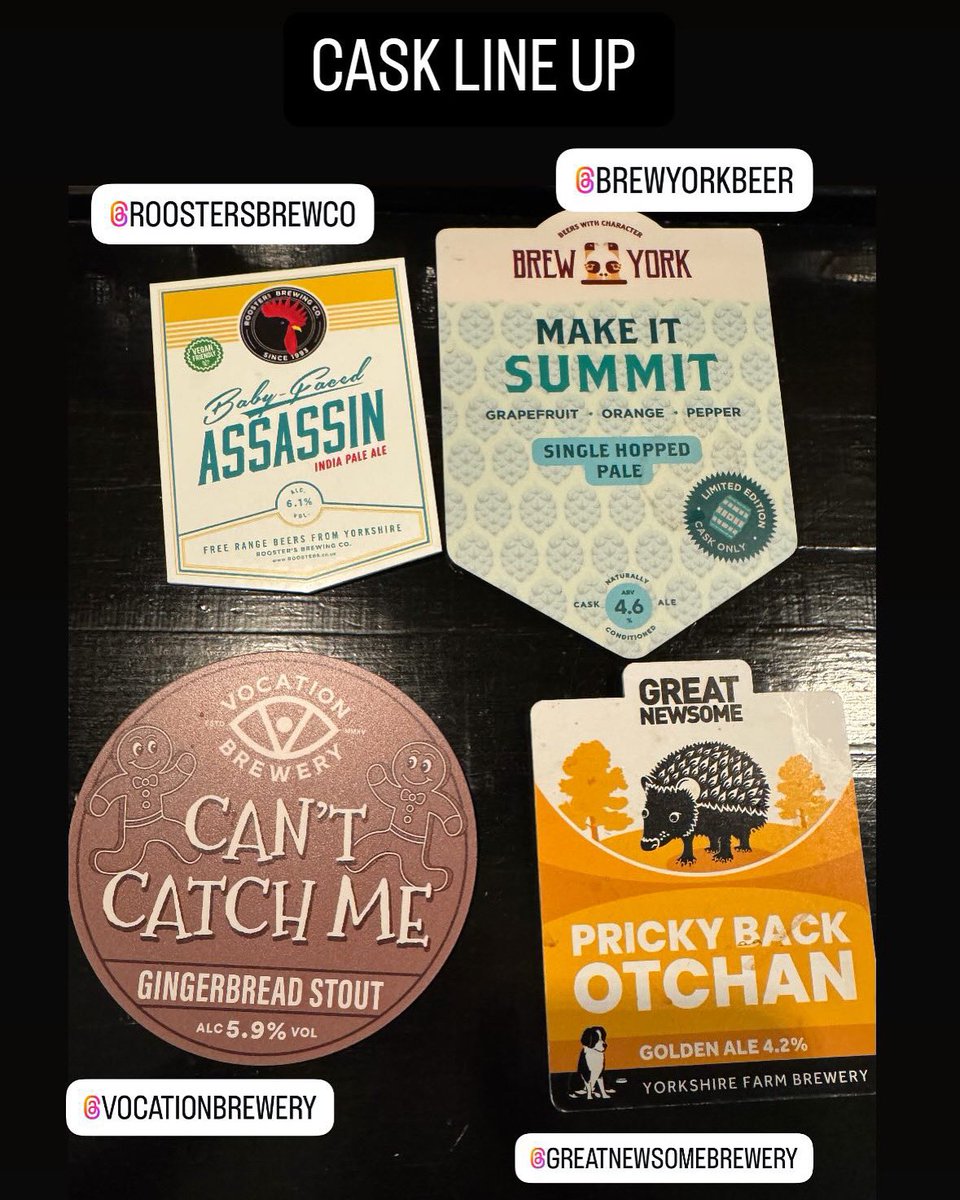 On cask <a href="/RoostersBrewCo/">Rooster's Brewing Co</a> <a href="/brewyorkbeer/">Brew York</a> <a href="/vocationbrewery/">Vocation Brewery</a> <a href="/greatnewsome/">Great Newsome Brewery</a>