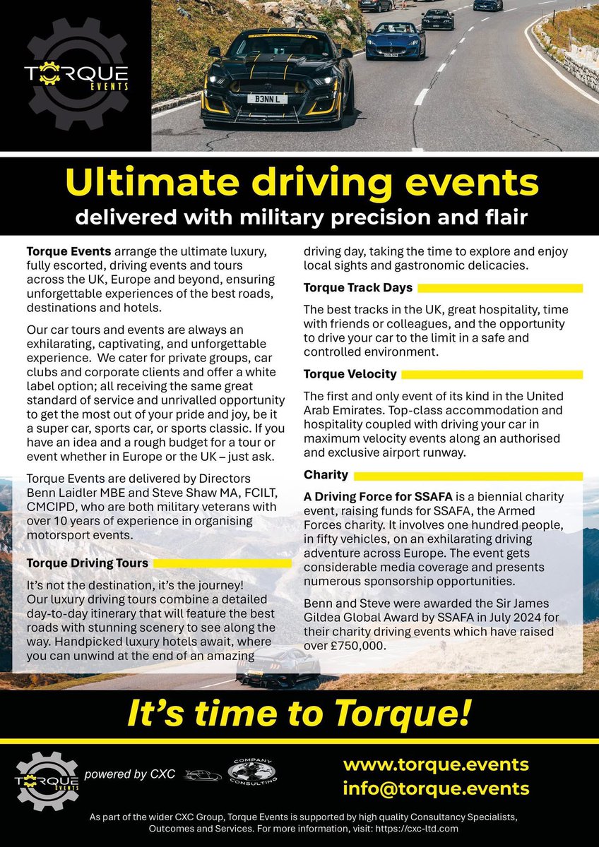 Who are Torque Events and what do we do? The answer is below!  

Torque Events are delivered with military precision, knowledge, and flair, ensuring an exhilarating, captivating, and unforgettable experience.

It's time to Torque!

W: torque.events
T: 0203 092 9624