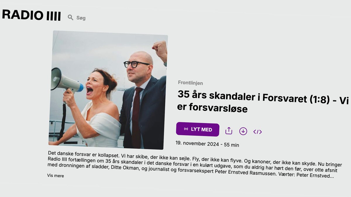 Hvad skal i ferien? Hvis du vil blive klogere på <a href="/forsvaretdk/">Forsvaret</a> og have kulørt underholdning, skal du lytte til #Frontlinjen "35 års skandaler" med mig selv og <a href="/ditte_okman/">Ditte Okman</a> på <a href="/radio4dk/">RADIO IIII</a>. Vi har produceret 8 programmer lige til dine ører 🪖 #dkforsvar #dkpol olfi.dk/2024/12/28/bru…