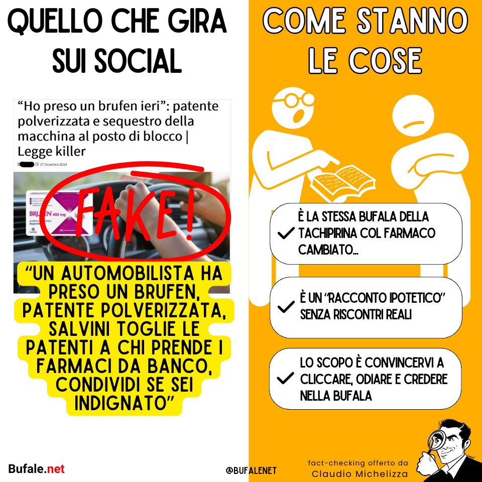 filogicoX's tweet image. Avete creduto alla #bufala dell'#automobilista a cui tolgono l'#automobile per la #Tachipirina e il #vigile in #attesa. Ora credete alla #fakenews del #brufen. Per me devono togliervi la #patente per #Internet 
#CodicedellaStrada 
Per dettagli: bufale.net/se-avete-credu…