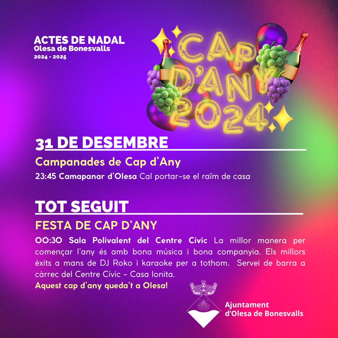 OlesaBonesvalls's tweet photo. VIU EL NADAL a #OlesadeBonesvalls 💫

Dimarts 31 🗓
CAMPANADES DE CAP D'ANY 🥂
A les 23.45 h 🕰
Des del campanar d'Olesa 📍

FESTA DE CAP D'ANY 🥳
A les 00.30 h 🕰
A la Sala Polivalent del Centre Cívic 📍 https://t.co/vB0qOcElfK