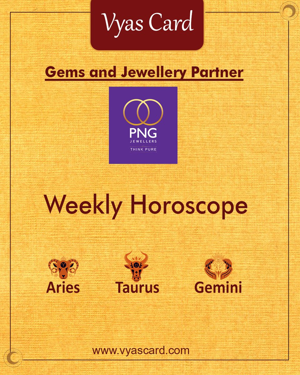 Arunastrology's tweet photo. Vyas Card for Upcoming Week, Your Weekly Zodiac Sign Predictions.
💎 Special Thanks to Our 𝐆𝐞𝐦𝐬 𝐚𝐧𝐝 𝐉𝐞𝐰𝐞𝐥𝐥𝐞𝐫𝐲 𝐏𝐚𝐫𝐭𝐧𝐞𝐫:
@PNGJewellers
For Rest of the Zodiac Signs - Visit our profile
#arunkumarvyas #astrology #vyascard #aries #taurs #gemini https://t.co/KtYqdC0fg1