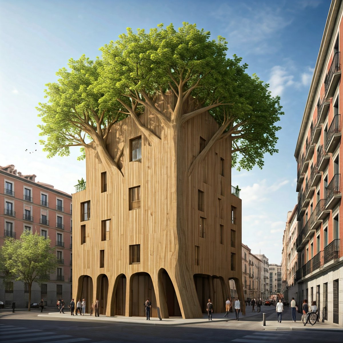 Comienza la construcción del que será el edificio de madera más alto de España. Gracias a un novedoso sistema orgánico, crecerá unas dos plantas al año, afirman los expertos, aunque dependerá de lo duro que sea el invierno y de lo que llueva en primavera, confiesan.