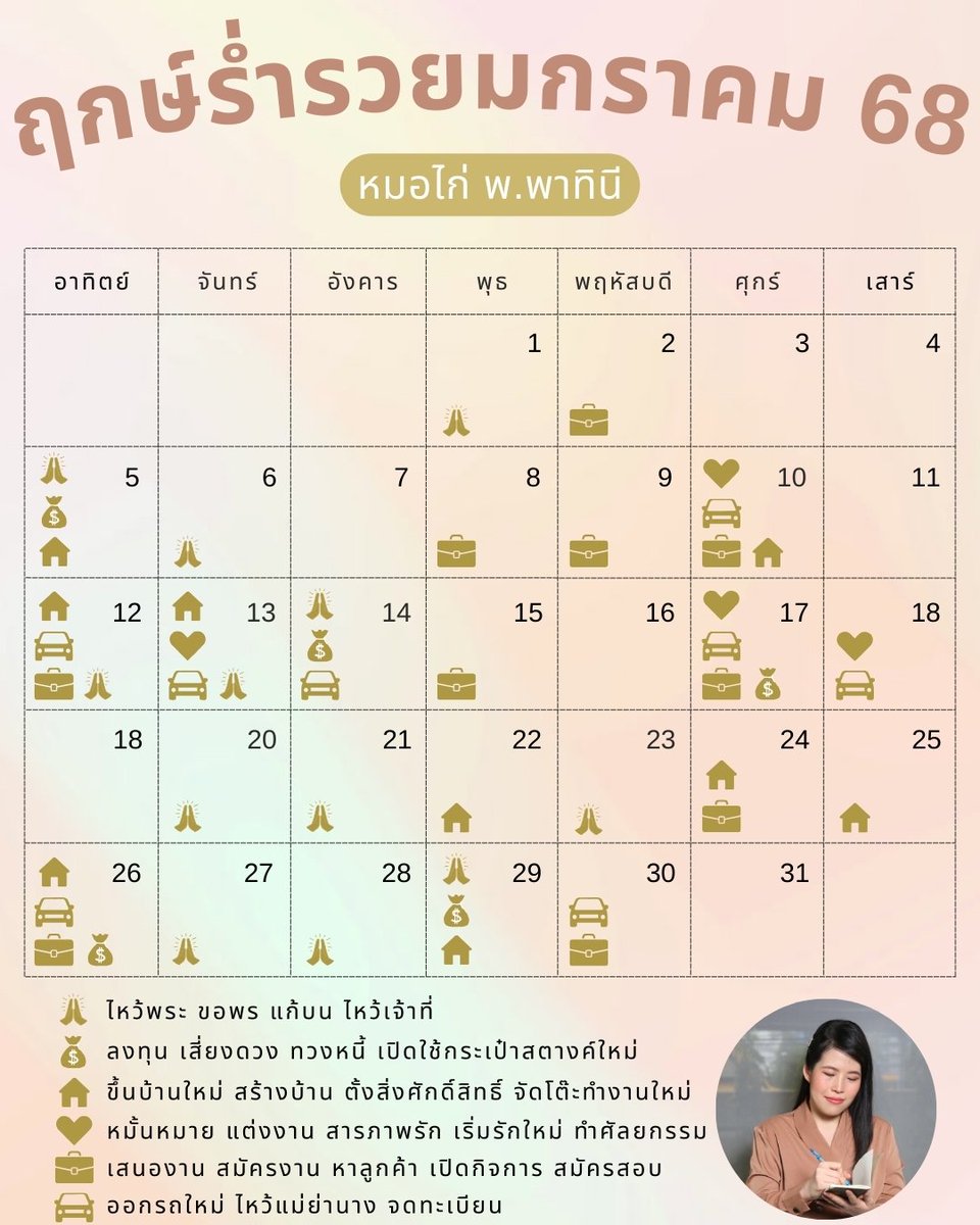 morkai99's tweet image. ฤกษ์ร่ำรวยเดือนมกราคม 68 โดย หมอไก่ พ.พาทินี มาแล้วค่ะ ในเดือนนี้เป็นเดือนพิเศษเพราะมีฤกษ์ดีเยอะมาก โดยเฉพาะฤกษ์ด้านการเงินค่ะ 🔮 หมอไก่แนะนำให้เซฟไว้นะคะ ฤกษ์นี้ใช้ได้ตลอดเดือน ใช้แล้วดีแน่นอนค่ะ 

***ก่อนใช้ฤกษ์ กดไลค์+กดแชร์ เพื่อเป็นค่าครูด้วยนะคะ ***

🐓 ติดต่องาน…