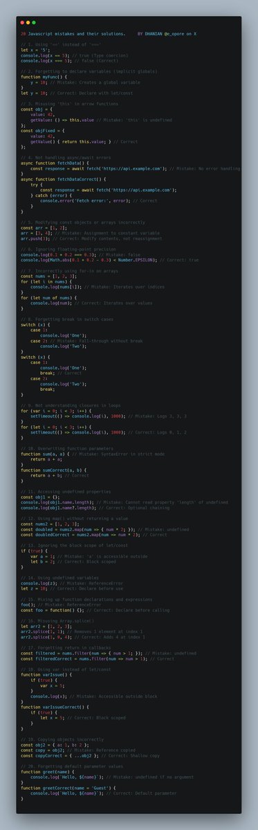 e_opore's tweet image. 20 Javascript mistakes that most developers make and their solutions.