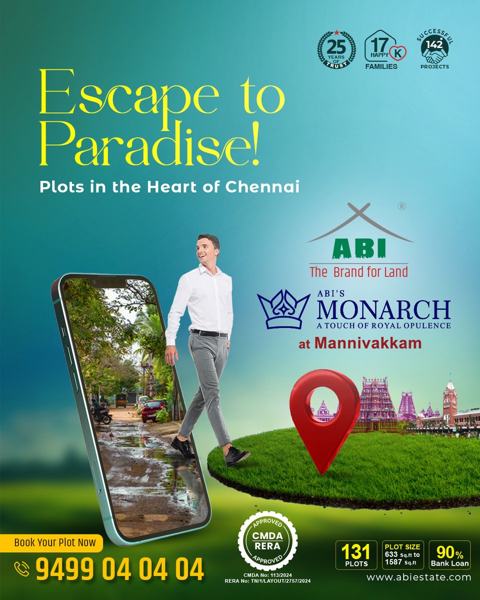 AbiEstates's tweet image. Call Now: Book your plot with ABI’s Monarch, A Land of Comfort and Security!

📞 Call Now to Book Your Plot: 94 99 04 04 04
Visit Us at abiestates.com

#ABIsMonarch #CreateYourHome #FamilyFirst #DreamHome #InvestInYourFuture #BuildingMemories #ChennaiRealEstate