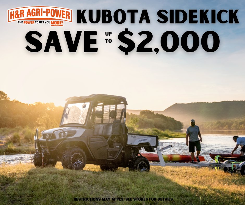 SAVE UP TO $2,000***! Stop by and shop the Year-End Sales Event! For a limited time, save up to $2,000 on Kubota Sidekick! With speeds up to 40 MPH, the Sidekick will help you take on every hill!
(Some Restrictions May Apply. See Stores for details.)