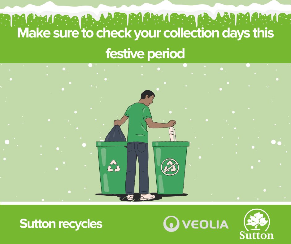 A reminder that your collection days may change over the new year period🎄  

Find out when your collections days are on our website: sutton.gov.uk/w/xmascollecti…
