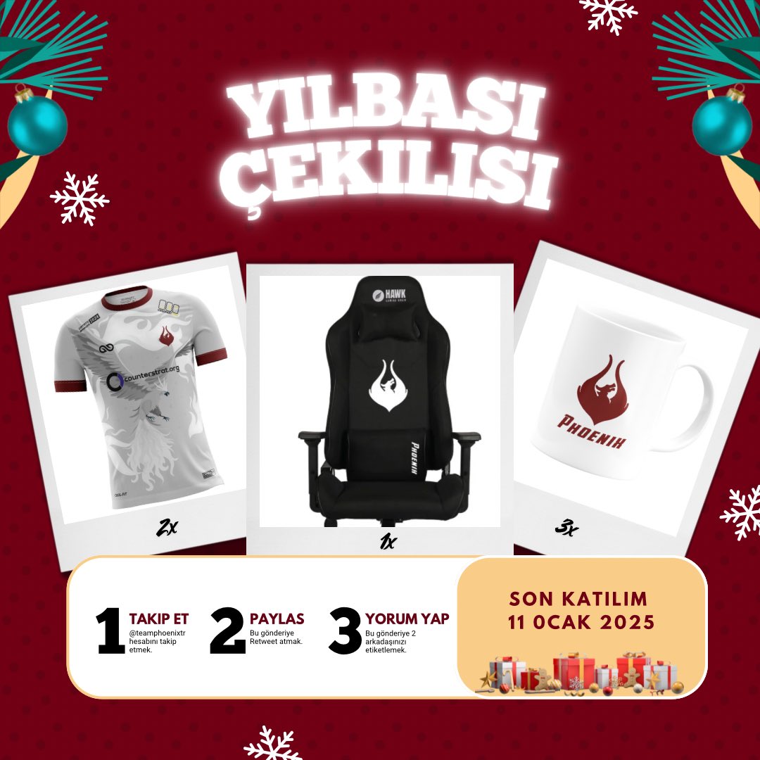 🎄 Yeni Yıl Coşkusuna Özel Çekiliş!

Siz değerli takipçilerimize yepyeni bir yıl hediyesi 🎁

Hediye kazanmak için yapmanız gerekenler:

I. <a href="/teamphoenixtr/">Team Phoenix</a> hesabını takip et,
II. Bu gönderiyi RT yap,
III. 2 arkadaşını etiketle.

🎁 Hediyelerimiz:

1️⃣ 1 kişiye Hawk Phoenix Fab v4