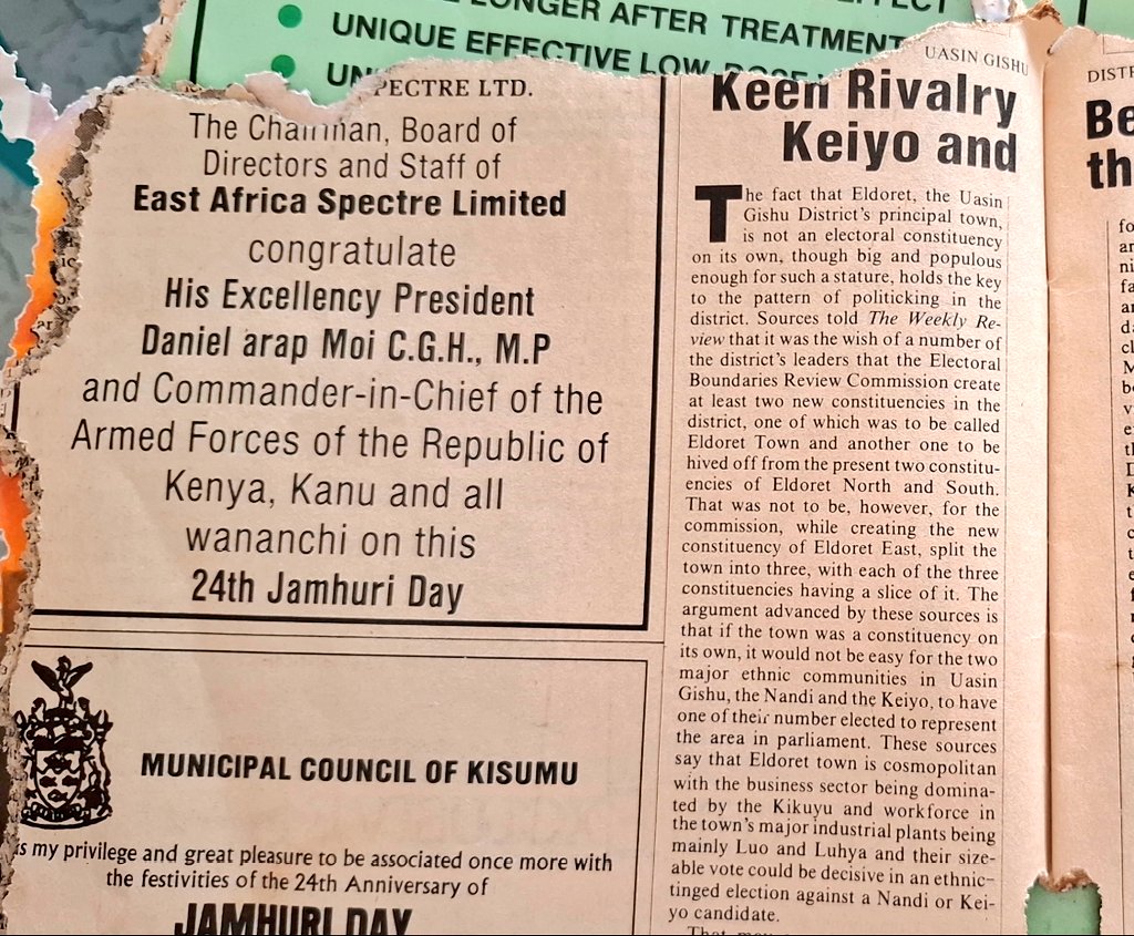 gabrieloguda's tweet image. My father called me today to help him dust off some artefacts from his treasure chest. This is the Weekly Review  of 12th December 1987 explaining why Eldoret town has no distinct electoral constituency. You learn a new thing everyday.