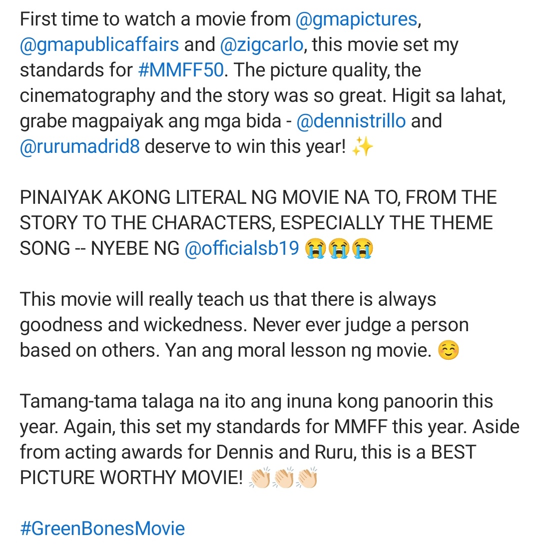 jmcarcoochie's tweet photo. After kong manood ng #GreenBonesMovie kahapon, sabi ko, this is Best Picture Worthy to and deserve ng acting awards nina @Rurumadrid8 and #DennisTrillo.
AT NANGYARI NGA! ππ»ππ»ππ»
Congratulations @GMAPictures @GMA_PA, Direk #ZigDulay, Ruru, Dennis and everyone behind this.
5/5 π https://t.co/Ijyq2hxUg4