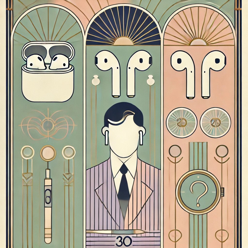 GerhardFildan's tweet photo. From cryptic icons
Three pairs of buds: that’s thirty
Men plus buds sum up

Row two calls twenty
Two men plus one AirPods pair
Mysteries remain

Two watchers appear
Each holds two hidden faces
We unmask their sum

Beneath puzzle art
One watch face with earbud, man—
Fifteen stands as truth