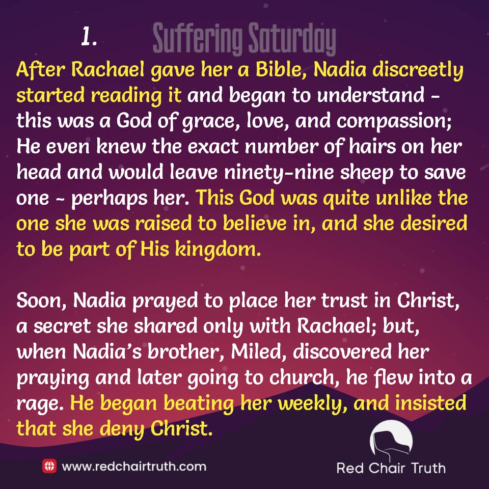 redchairtruth1's tweet photo. Nadia's faith brought hope—but also unimaginable pain. ‘I should be free to attend church,’ she declared.
Beaten, rejected, and hunted, how much suffering can she endure for the truth?
Discover her story this Suffering Saturday.
#RedChairTruth #SufferingSaturday #ItaUdoh https://t.co/UPMZOMGDk2