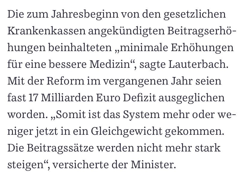 Ein weiteres Beispiel für die Treffsicherheit Lauterbach’scher Prognosen - vor genau einem Jahr zu Beitragssteigerungen in der GKV. Aber zum Glück ist er ja nicht zuständiger Minister 😎🤷‍♂️.

sueddeutsche.de/gesundheit/ges…