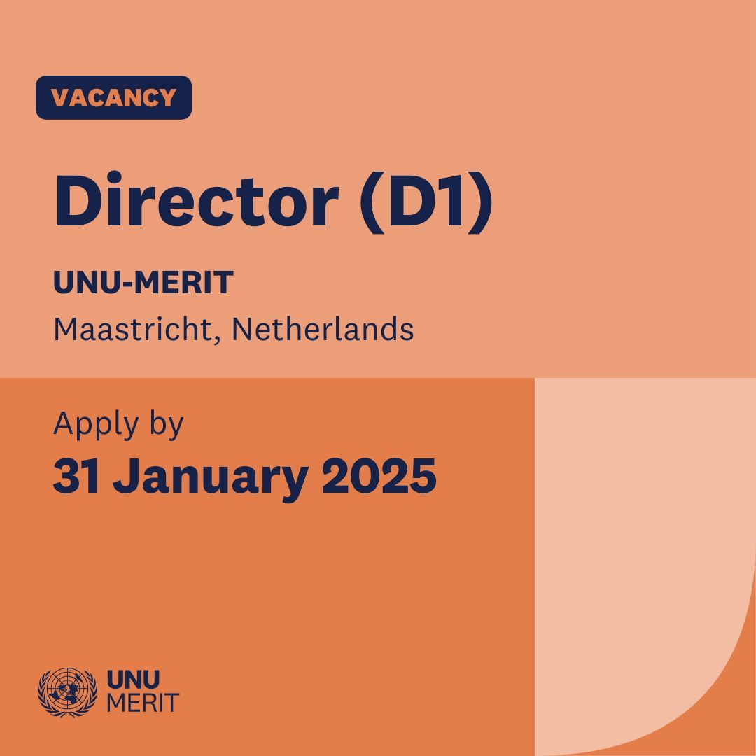 UN University (@ununiversity) on Twitter photo #LEADERSHIP OPPORTUNITY: Director of <a href="/UNUMERIT/">United Nations University - MERIT</a> (D1)
As the Chief Academic and Administrative Officer, the Director will be responsible for the direction, organisation, administration and programmes of UNU-MERIT.
Apply by 31 January 2025: buff.ly/3Dz8ZEU
#UNCareers #LEADERSHIP OPPORTUNITY: Director of <a href="/UNUMERIT/">United Nations University - MERIT</a> (D1)
As the Chief Academic and Administrative Officer, the Director will be responsible for the direction, organisation, administration and programmes of UNU-MERIT.
Apply by 31 January 2025: buff.ly/3Dz8ZEU
#UNCareers