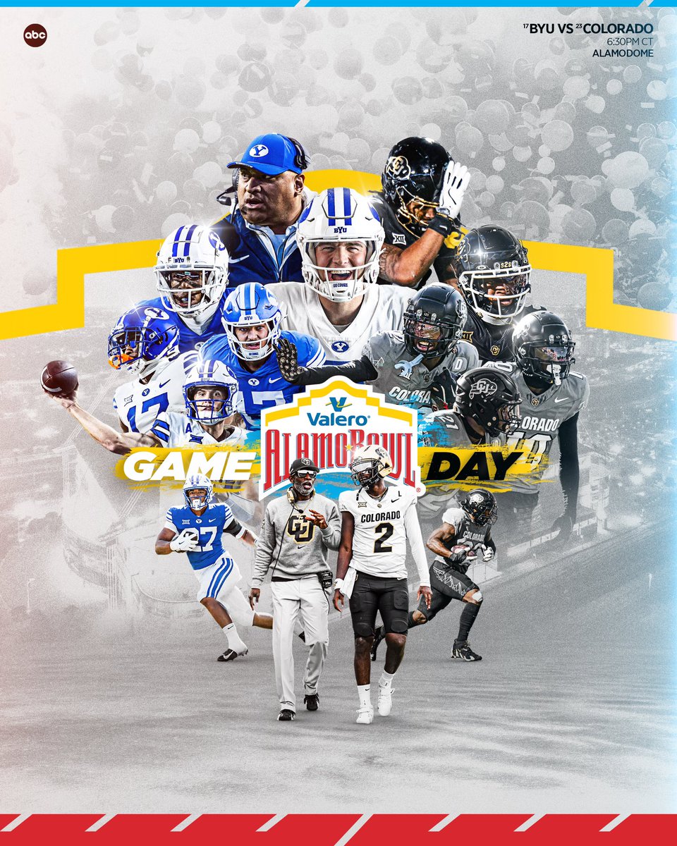 Valero Alamo Bowl (@valeroalamobowl) on Twitter photo ๐๐๐๐๐๐๐.
Tune into ABC tonight at 6:30PM CT as <a href="/BYUfootball/">BYU FOOTBALL</a> takes on <a href="/CUBuffsFootball/">Colorado Buffaloes Football</a>!
#ValeroAlamoBowl ๐๐๐๐๐๐๐.
Tune into ABC tonight at 6:30PM CT as <a href="/BYUfootball/">BYU FOOTBALL</a> takes on <a href="/CUBuffsFootball/">Colorado Buffaloes Football</a>!
#ValeroAlamoBowl