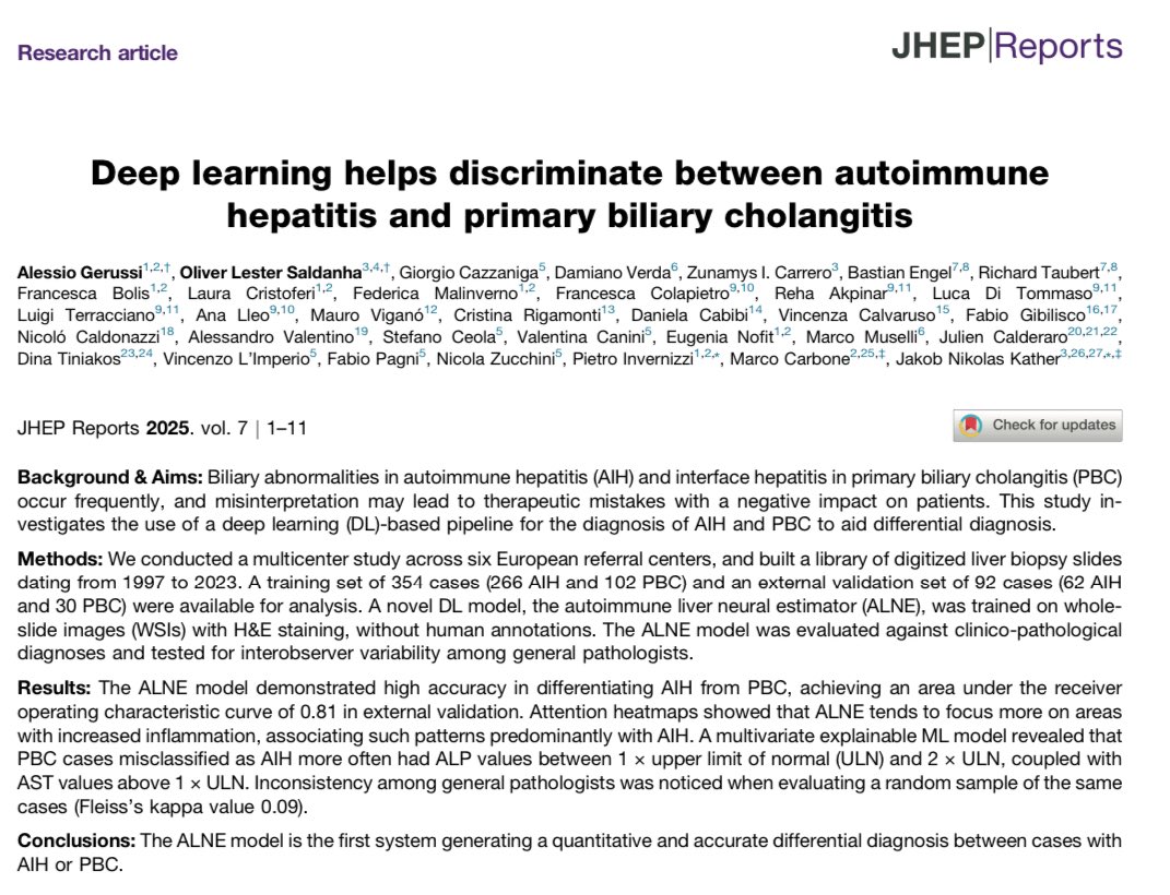 Marco Carbone (@mcarbone_80) on Twitter photo 📝 Hot off the press!
Leveraging AI to improve diagnostic accuracy in #AIH.
A huge leap in reducing diagnostic error & improving patient care
#compath
Collaborative work with <a href="/jnkath/">Jakob Nikolas Kather</a>, led by <a href="/AlessioGerussi/">Alessio Gerussi</a> <a href="/unimib/">Università degli Studi di Milano-Bicocca</a> <a href="/EASLedu/">EASL Education</a> <a href="/ESOTtransplant/">ESOTtransplant</a>
jhep-reports.eu/article/S2589-… 📝 Hot off the press!
Leveraging AI to improve diagnostic accuracy in #AIH.
A huge leap in reducing diagnostic error & improving patient care
#compath
Collaborative work with <a href="/jnkath/">Jakob Nikolas Kather</a>, led by <a href="/AlessioGerussi/">Alessio Gerussi</a> <a href="/unimib/">Università degli Studi di Milano-Bicocca</a> <a href="/EASLedu/">EASL Education</a> <a href="/ESOTtransplant/">ESOTtransplant</a>
jhep-reports.eu/article/S2589-…