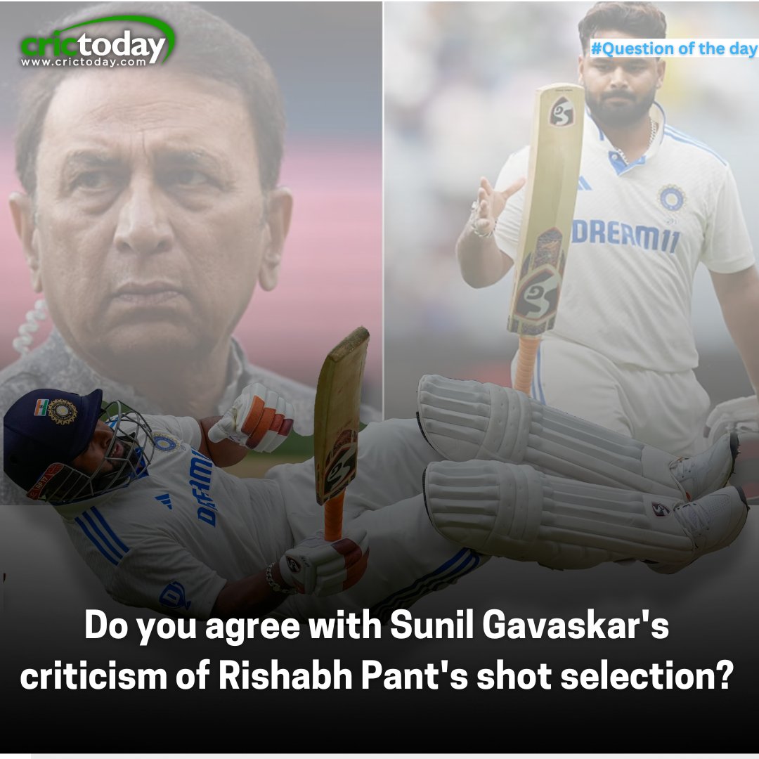crictoday's tweet photo. 💬 Question of the Day: Do you stand with Sunil Gavaskar’s critique of Rishabh Pant's shot selection, or do you think aggression is the way forward? 🤔
Join the debate! 🏏
#CricketTalk #RishabhPant #SunilGavaskar #INDvsAUS #ShotSelection https://t.co/FLcbL5Kx5e