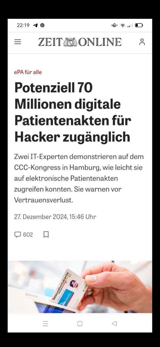 Zwei IT-Sicherheitsspezialisten demonstrieren auf dem Kongress des CCC grobe Datenschutzlücken bei der elektronischen Patientenakte #ePA. 

Die <a href="/gematik1/">gematik</a> postet unbeirrt Werbung dafür. 

Heute ist ein guter Tag, um der #ePA zu widersprechen, wenn man sie nicht möchte.