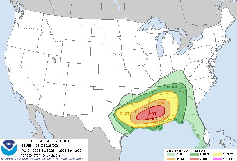 NWSSPC's tweet photo. 6:53am CST #SPC Day1 Outlook Moderate Risk: over parts of east Texas, central/northern Louisiana, central Mississippi, and western Alabama https://t.co/TgJgC6cQZw https://t.co/jY8dpqKg9D