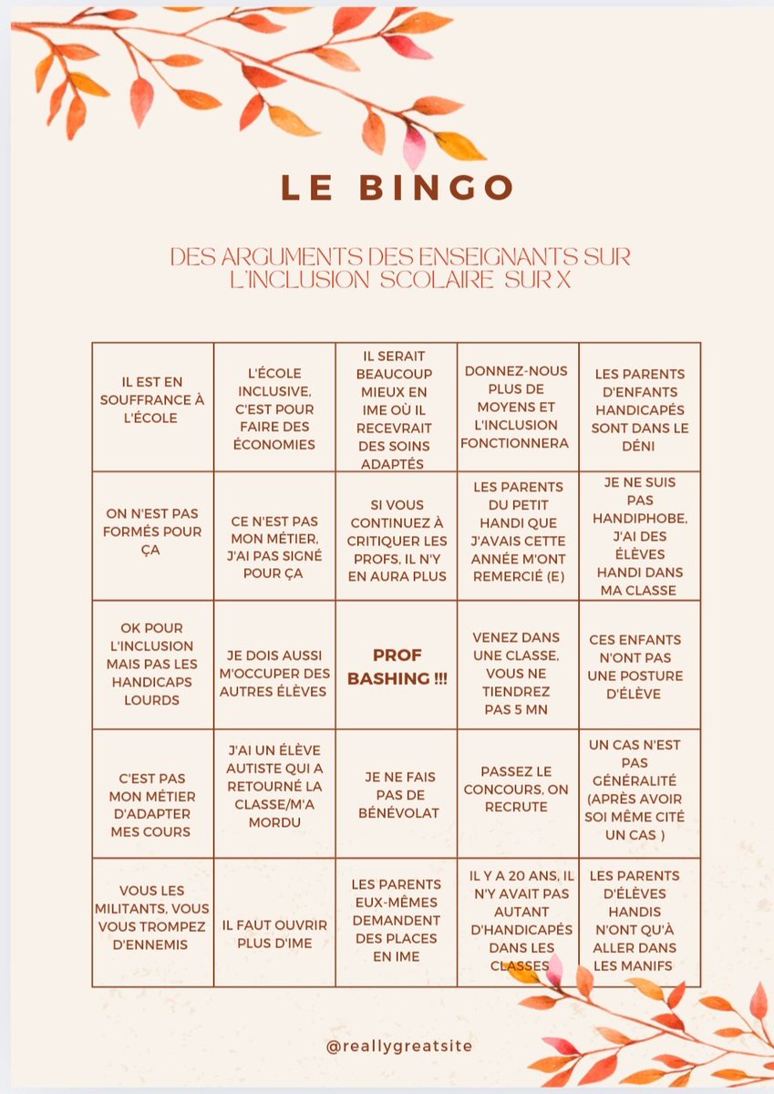 slt_cn_pmoaa's tweet photo. Parents d'élèves handicapés, militants pour l'inclusion scolaire, je vs propose d'introduire un peu de fun dans les débats sur X.
Téléchargez ce Bingo et cochez les cases au fil de la discussion. 
Celui qui obtient le meilleur score sur un fil gagne un badge. 🏆 https://t.co/4fDcX9QYsU