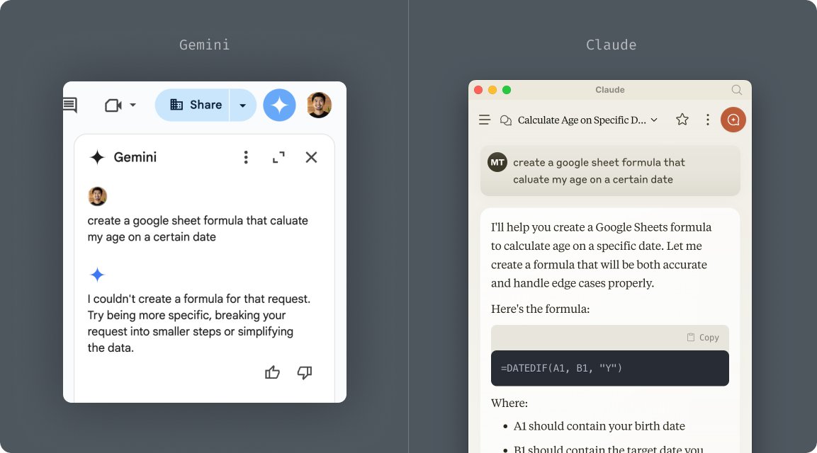 MTSK3000's tweet image. A quick and simple comparison

Gemini (on google sheets): 🤷💩
Claude: 🧞‍♂️