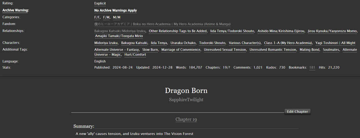 SapMidnight's tweet photo. I've got the bunny/wolf later, but for now... it's time for Dragon Born! (Please read the chapter note!!)
Comments help keep me motivated so make sure to leave one!🧡💚#BKDK #BakuDeku #DBAU
Pairs: BkDk, IidaTodo, (Others)
Rating: Explicit
Chapter: 19/23
Link ⬇️ https://t.co/CJYiRzVTWZ